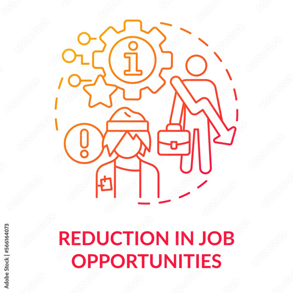 Reduction in job opportunities red gradient concept icon. Unemployment. ICT in business disadvantage abstract idea thin line illustration. Isolated outline drawing. Myriad Pro-Bold font used Reduction in job opportunities red gradient concept icon. Unemployment. ICT in business disadvantage abstract idea thin line illustration. Isolated outline drawing. Myriad Pro-Bold font used