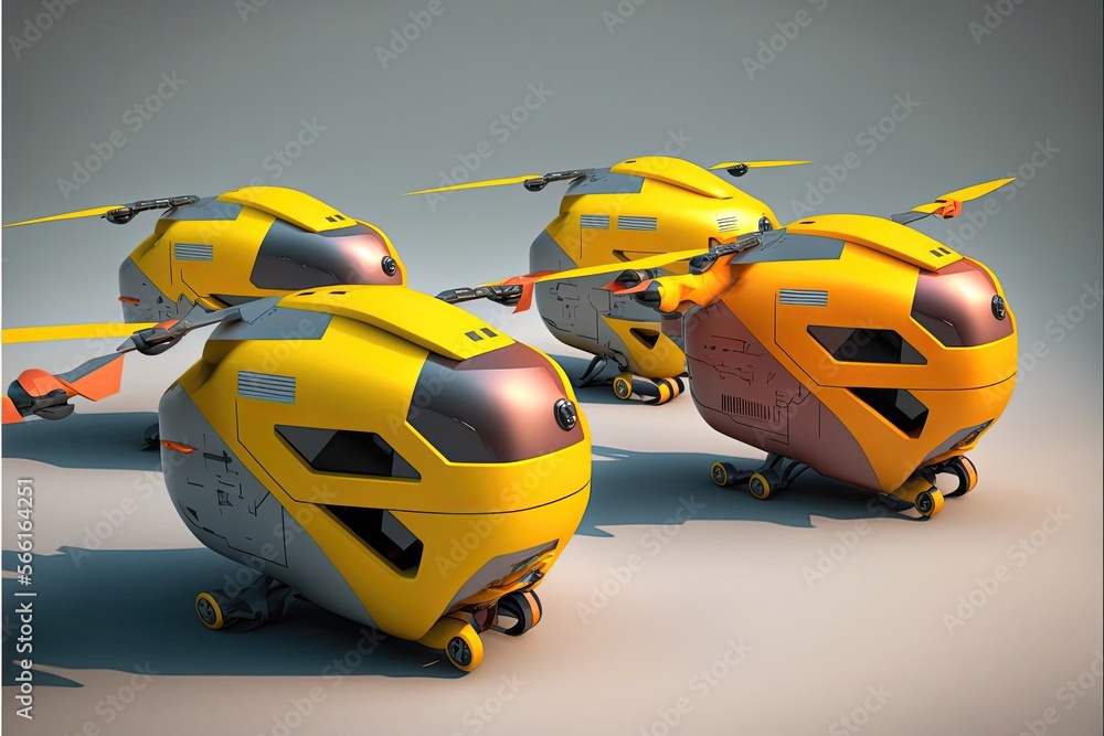 A fleet of electric cargo drones, futuristic delivery. Generative AI