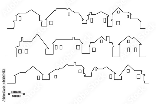 Neighbourhood houses outline panoramic landscape. Continuous one line buildings drawing silhouette. Minimalistic vector illustration.