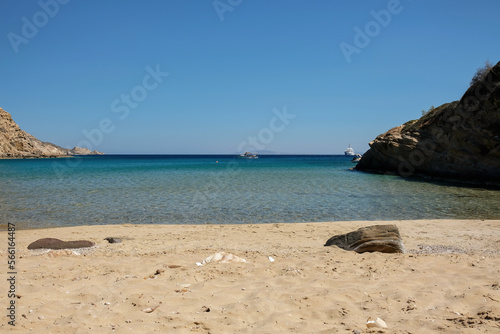 Panoramic view of the white stunning turquoise sandy beach of Kolitsani View in Ios Cyclades Greece