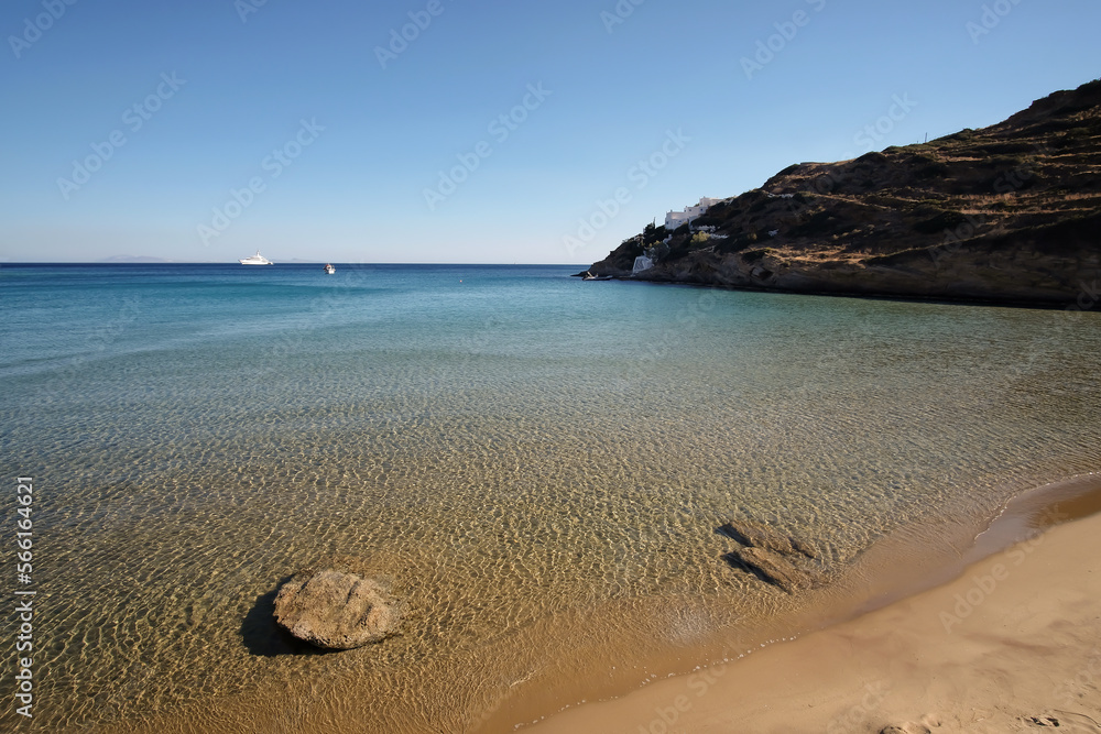 The stunning turquoise sandy beach of Kolitsani View in Ios Cyclades Greece