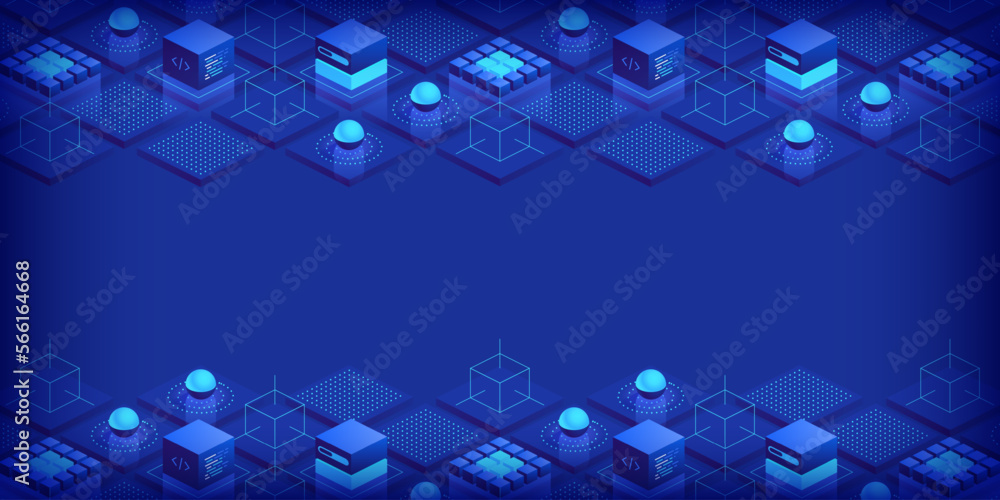 Abstract isometric geometric shapes trendy background. Digital data concept with graphic elements composition. Vector illustration