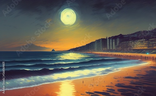 a sublime landscape of Gijon City Beach at night