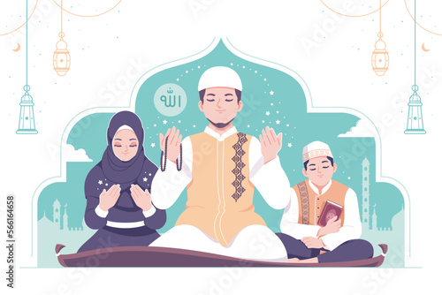 islamic family praying together illustration