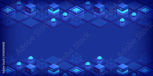 Abstract isometric geometric shapes trendy background. Digital data concept with graphic elements composition. Vector illustration