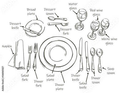 Table setting, top view. Vector illustrations such as plates, forks, spoons, knives, wine glasses with original custom fonts. dark lines on a white background. Use in the restaurant business.