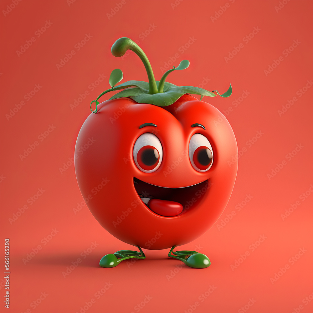 Funny tomato character isolated on red empty background. Cute vegetable smiling. Generative ai Funny tomato character isolated on red empty background. Cute vegetable smiling. Generative ai