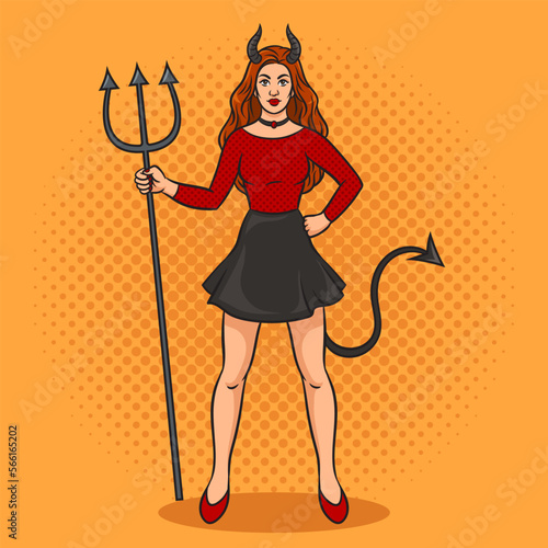 Devil hell girl woman with trident pitchfork color pinup pop art retro vector illustration. Comic book style imitation.
