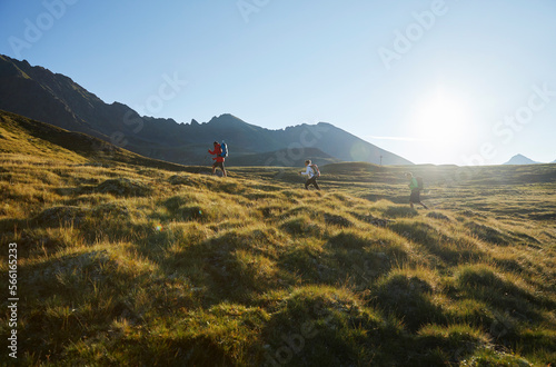 Austria, Tyrol, Sun illuminating hikers traveling across green alpine landscape in summer