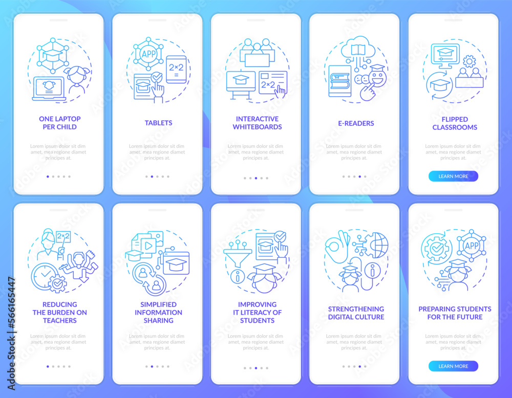 ICT in education industry blue gradient onboarding mobile app screens set. Walkthrough 5 steps graphic instructions with linear concepts. UI, UX, GUI template. Myriad Pro-Bold, Regular fonts used