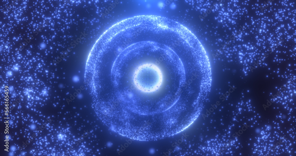 Abstract round blue sphere glowing energy magic molecule with atoms from particles and dots cosmic. Abstract background Abstract round blue sphere glowing energy magic molecule with atoms from particles and dots cosmic. Abstract background