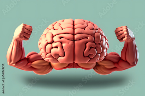 Strong human brain power concept erudite mind memory head health. gray matter neurons with developed inflated arms biceps muscles, personifies an intelligent scientist.