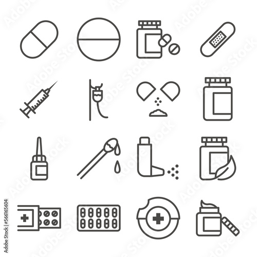 Set of Medicine Outline Icon. Bandage, Injection, Pils, Inhaler, Cotton Bud, and more. Editable Stroke. Isolated on White Background. Vector Eps10