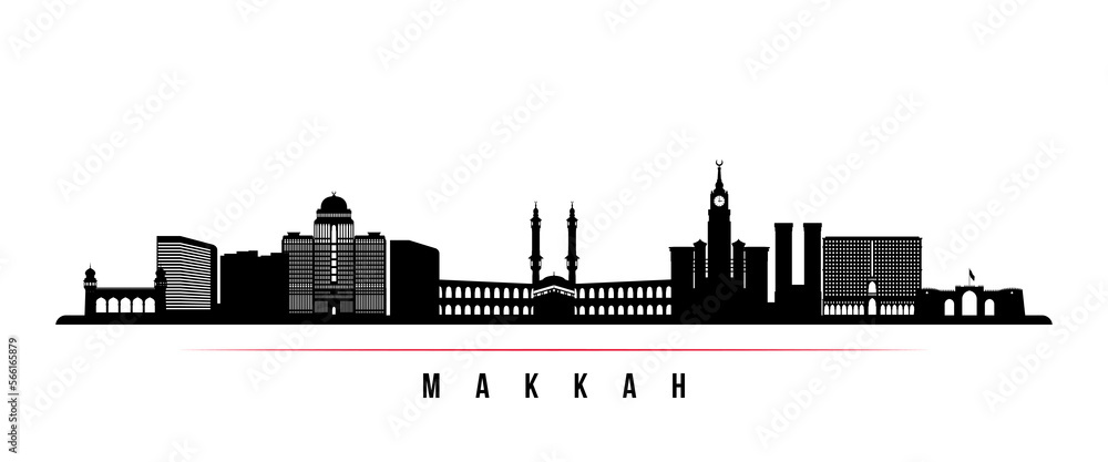 Makkah skyline horizontal banner. Black and white silhouette of Makkah, Saudi Arabia. Vector template for your design.