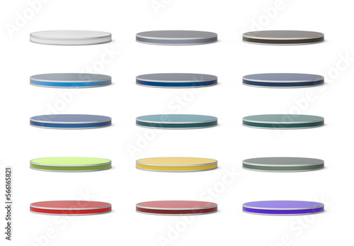 Set of 3D colored round podiums, pedestal or platform with silver edging. Design elements isolated on background for product display. 3D illustration.