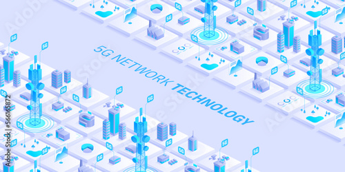 5g network technology concept. Wireless mobile telecommunication service. City buildings with telecommunication towers. Marketing website landing template. Isometric vector illustration.