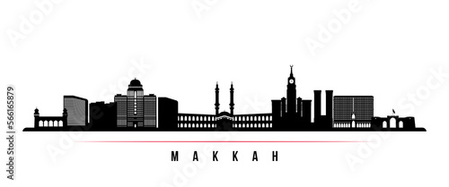 Makkah skyline horizontal banner. Black and white silhouette of Makkah, Saudi Arabia. Vector template for your design.