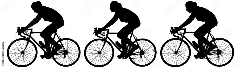 Girl cyclists ride one after another, in one line. Bicycle competition. Cycling competition. A woman rides a bicycle. Side view, profile. Three black female silhouettes isolated on white background Girl cyclists ride one after another, in one line. Bicycle competition. Cycling competition. A woman rides a bicycle. Side view, profile. Three black female silhouettes isolated on white background