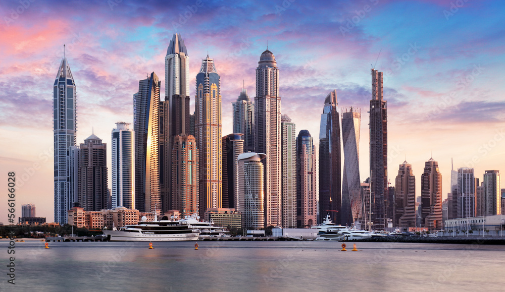 Dubai skyline - Marina skyscrapers at dramatic sunrise, United Arab Emirates - obrazy, fototapety, plakaty 