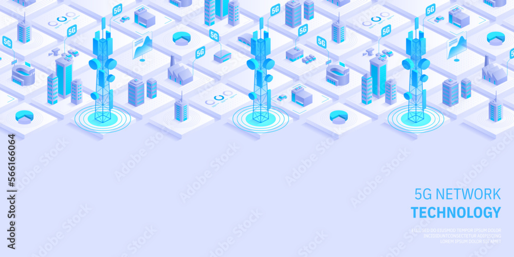 5g network technology concept. Wireless mobile telecommunication service. City buildings with telecommunication towers. Marketing website landing template. Isometric vector illustration.