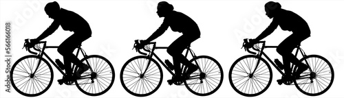 Girl cyclists ride one after another, in one line. Bicycle competition. Cycling competition. A woman rides a bicycle. Side view, profile. Three black female silhouettes isolated on white background