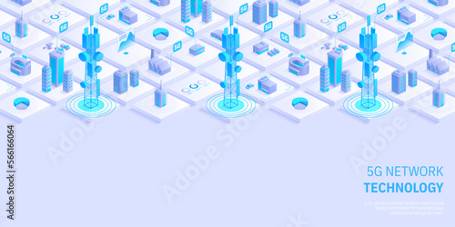 5g network technology concept. Wireless mobile telecommunication service. City buildings with telecommunication towers. Marketing website landing template. Isometric vector illustration.