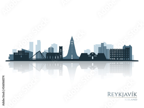 Reykjavik skyline silhouette with reflection. Landscape Reykjavik, Iceland. Vector illustration.