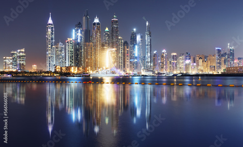 Panorama of Dubai Marina at night with scyscrapers skyline  UAE