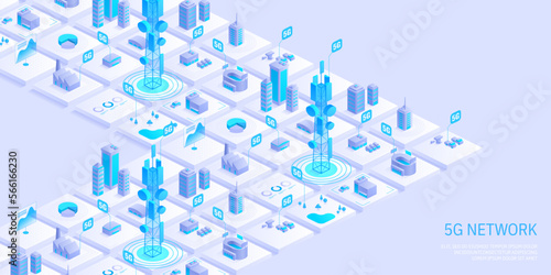5g network technology concept. Wireless mobile telecommunication service. City buildings with telecommunication towers. Marketing website landing template. Isometric vector illustration.