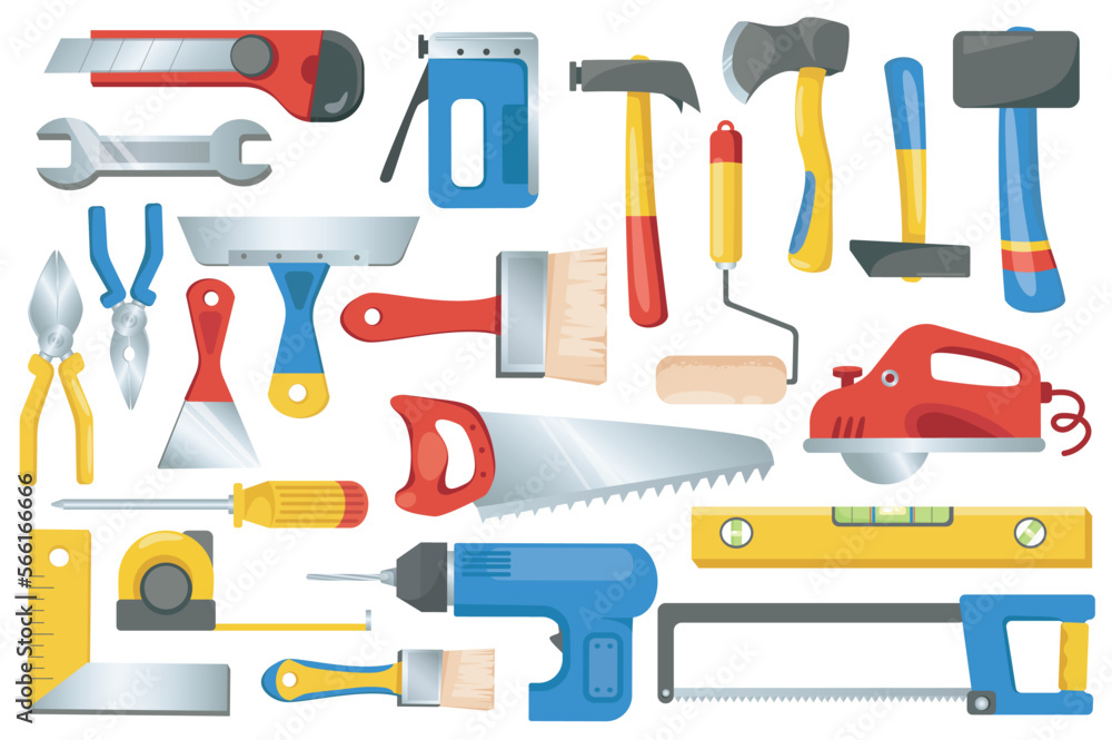 Building and repair tools set graphic elements in flat design. Bundle of hammer, paint roller, axe, tape measure, brush, wrench, pliers, screwdriver, saw and other.Vector illustration isolated objects Building and repair tools set graphic elements in flat design. Bundle of hammer, paint roller, axe, tape measure, brush, wrench, pliers, screwdriver, saw and other.Vector illustration isolated objects