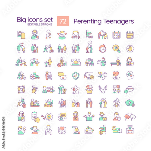 Parenting teenagers RGB color icons set. Raising adolescent children. Relationship in family. Isolated vector illustrations. Simple filled line drawings collection. Editable stroke © bsd studio