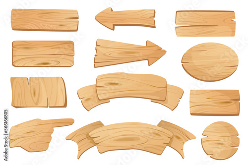 Wooden banners set graphic elements in flat design. Bundle of empty cartoon plaques, arrows guidepost, billboards, direction signposts and pointers templates. Vector illustration isolated objects