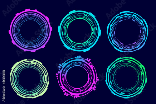 HUD futuristic elements. Abstract optical neon aim. Circle geometric shapes for virtual interface and games. Camera viewfinder for sniper weapon. Vector set