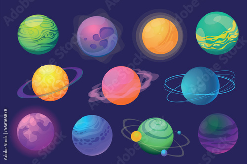 Fantasy planets set graphic elements in flat design. Bundle of colourful abstract cosmic planets with orbits, holes, satellites and rings for fantastic galaxy. Vector illustration isolated objects