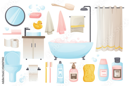 Bathroom tools set graphic elements in flat design. Bundle of bath, mirror, soap, rubber duck, towel, shower curtain, comb, toilet, paper, sink, shampoo and other. Vector illustration isolated objects