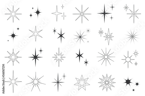 Line stars set graphic elements in flat design. Bundle of minimalistic linear black symbols of starry night, falling star, firework in sky, Christmas decorations. Vector illustration isolated objects