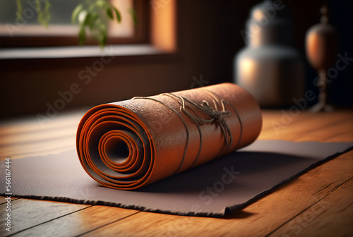 A close-up of a leather yoga mat and a block on a wooden surface, aspect ratio 3:2, Generative AI