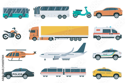 Transports set graphic elements in flat design. Bundle of bus, motorbike, car, motorcycle, truck, ambulance, helicopter, plane, police, train and other. Vector illustration isolated objects