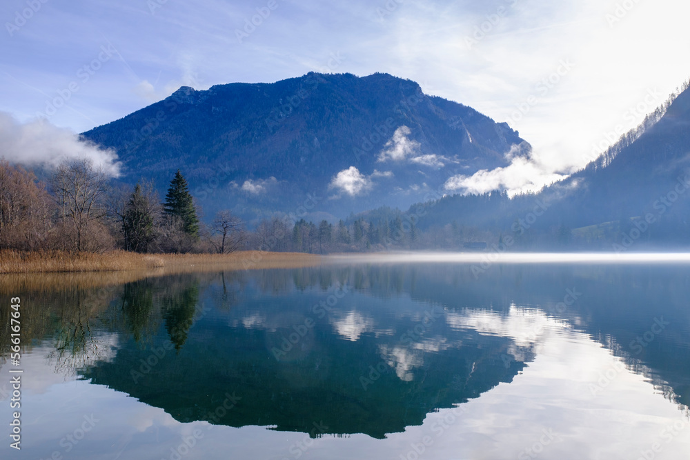 Austria, Lower Austria, Lunz am See, Scheiblingstein mountain reflecting in Lunzer See lake Austria, Lower Austria, Lunz am See, Scheiblingstein mountain reflecting in Lunzer See lake