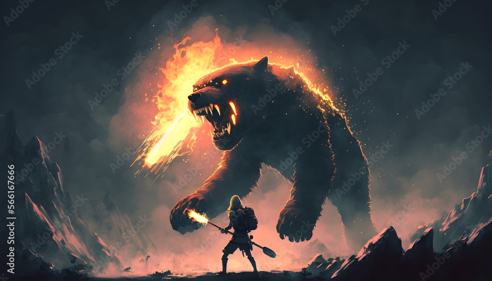 man with a flamethrower fighting with a demon bear, digital art style, illustration painting