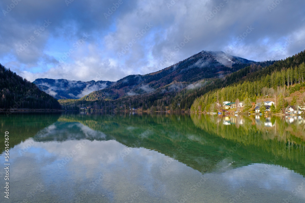 Austria, Styria, Mariazell, View of Erlaufsee lake reflecting surrounding landscape Austria, Styria, Mariazell, View of Erlaufsee lake reflecting surrounding landscape