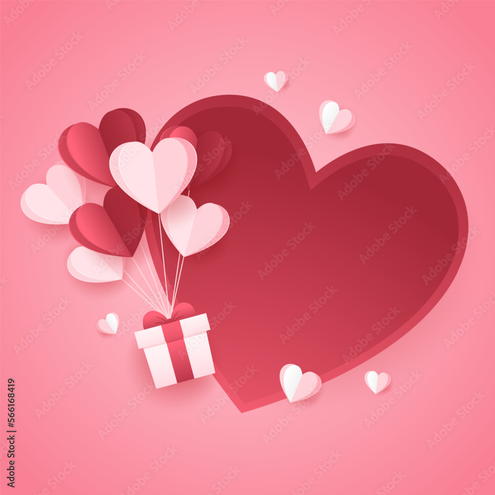 Valentines day background with product display and Heart Shaped Balloons. Paper cut style.