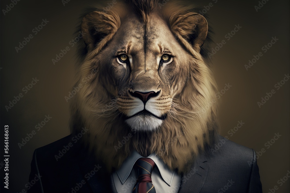 Portrait of a lion dressed in a formal business suit, generative AI Portrait of a lion dressed in a formal business suit, generative AI