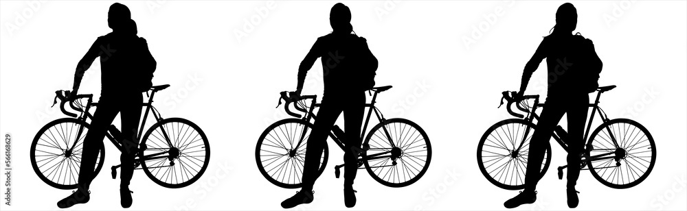 A cyclist near the bike looks around. Front view, full face, bike view: profile. A girl with a backpack on her back sits on the frame of her bike. Black female silhouette isolated on white background A cyclist near the bike looks around. Front view, full face, bike view: profile. A girl with a backpack on her back sits on the frame of her bike. Black female silhouette isolated on white background