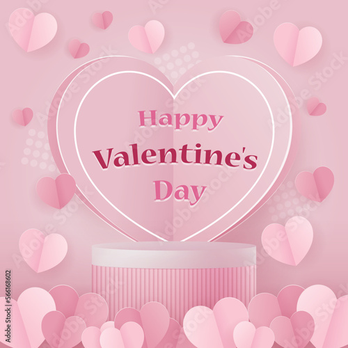 concept of 3d podium love valentine day with pink heart vector paper cut background. podium or stage banner love valentine day with pink heart vector paper cut style background. pink, heart, paper