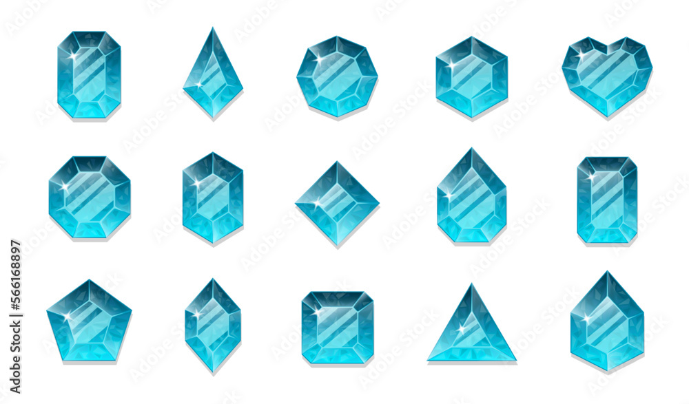Blue crystals. Set of jewelry of different shapes. - obrazy, fototapety, plakaty 
