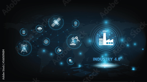 Industrial Revolution 4.0. Sci Fi hologram and 3D numbers with conceptual icons. Industry 4.0 concept intelligence robotics, physical systems) Vector illustrator
