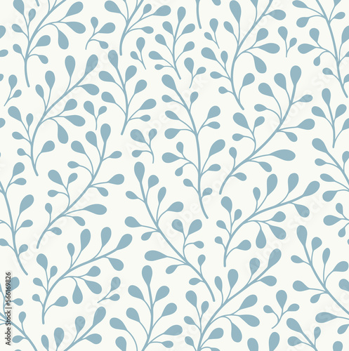 Pattern with leaves, blue twigs on a beige background. Decorative, abstract. Suitable for curtains, wallpapers, fabrics, tiles, wrapping paper.