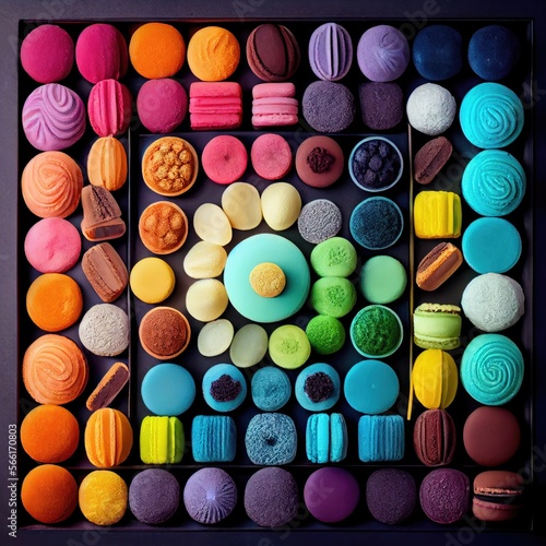 Macaroons knolling sorted by color, french patisserie - generative ai