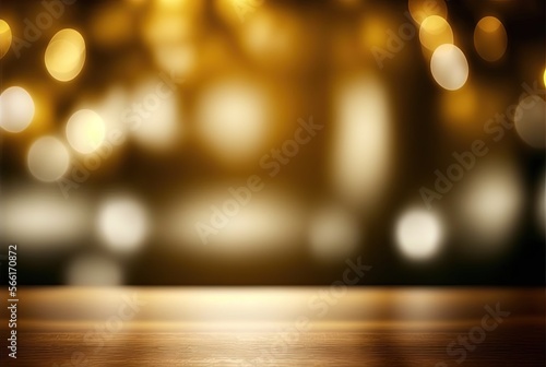 abstract gold background with blur bokeh light, glitter glow magical moment luxury atmosphere on wooden ground stage, Generative Ai